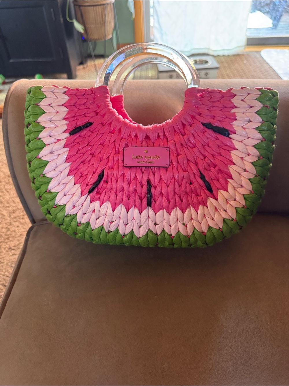 kate spade Pink Watermelon Straw Tote with Clear Handles. EUC